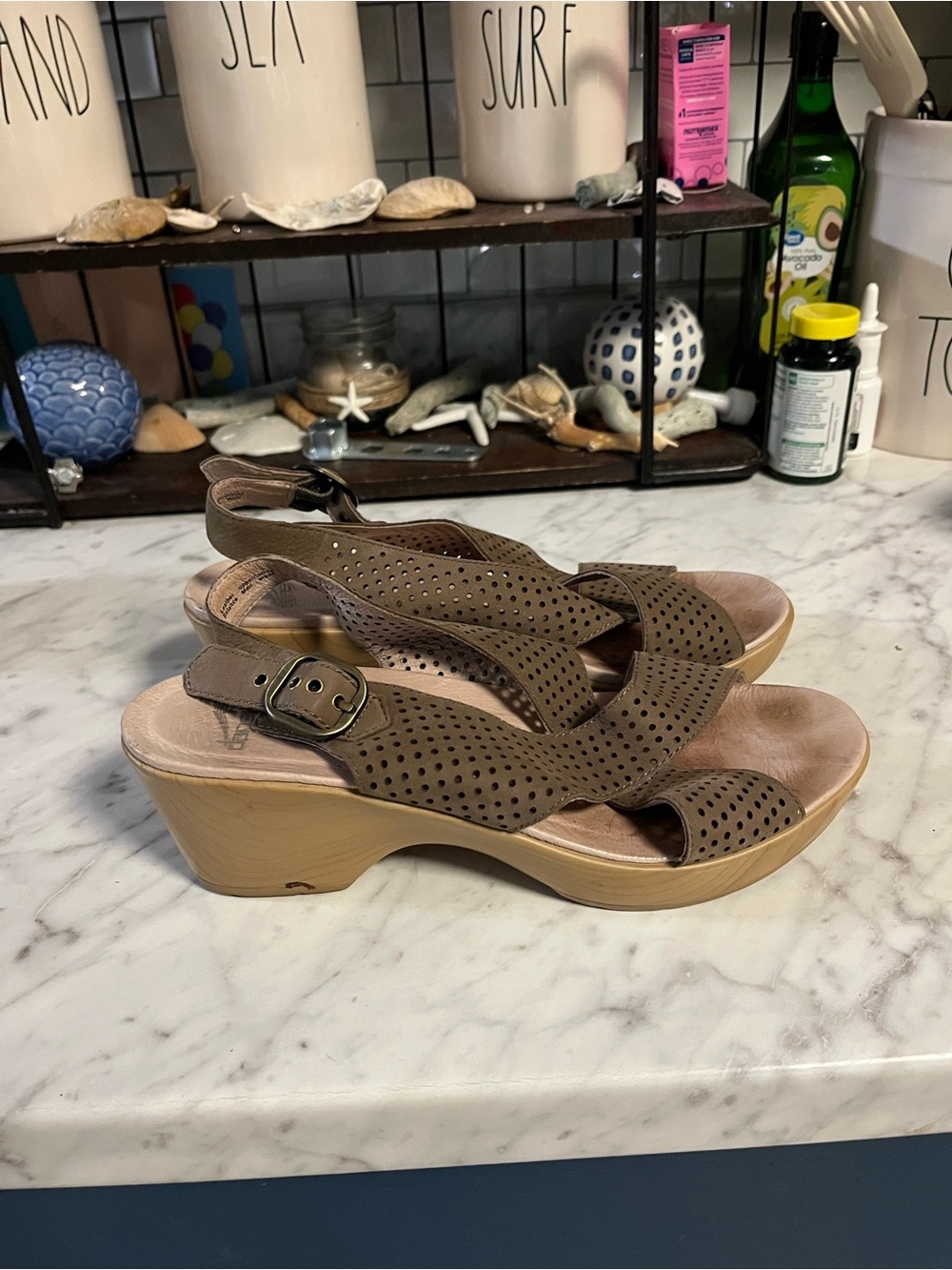 Dansko Brown Perforated Leather Wedge Sandals
